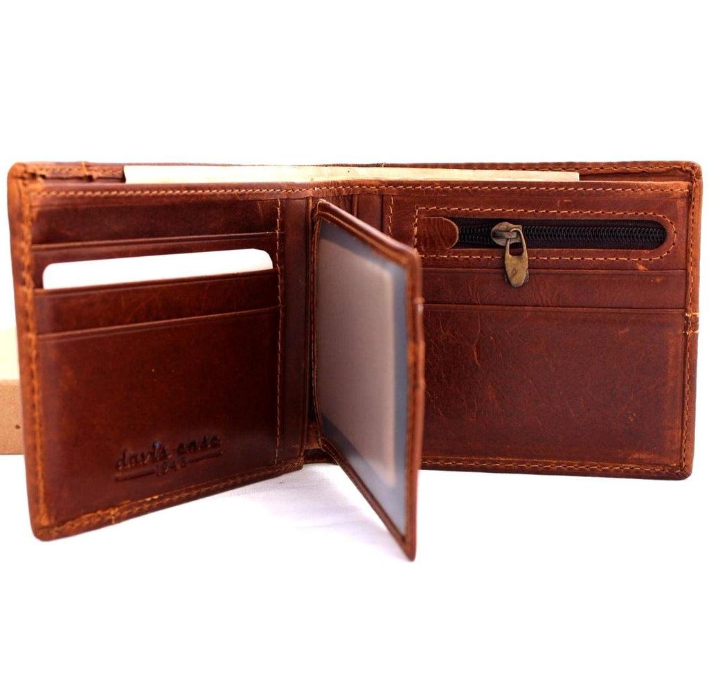 Men's full leather wallet by DAVISCASE with 8 credit card slots, 1 ID window, and 2 bill sections in tan color.