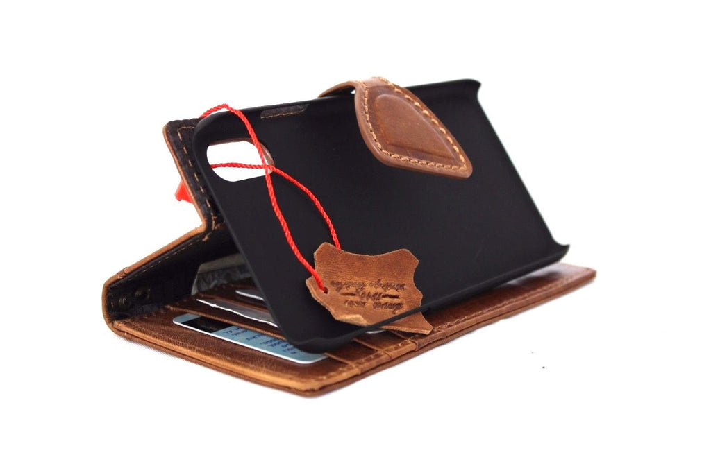 Vintage bright brown genuine leather iPhone X wallet case with magnetic closure, card slots, slim design, handmade by Daviscase D.