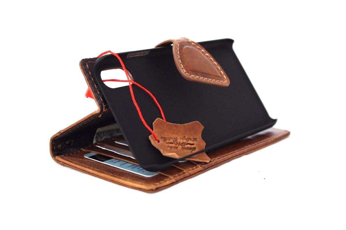 Vintage bright brown genuine leather iPhone X wallet case with magnetic closure, card slots, slim design, handmade by Daviscase D.