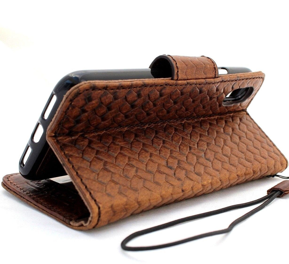 Genuine leather iPhone X wallet case by DAVISCASE with magnetic closure, removable card holder, slim luxury design.
