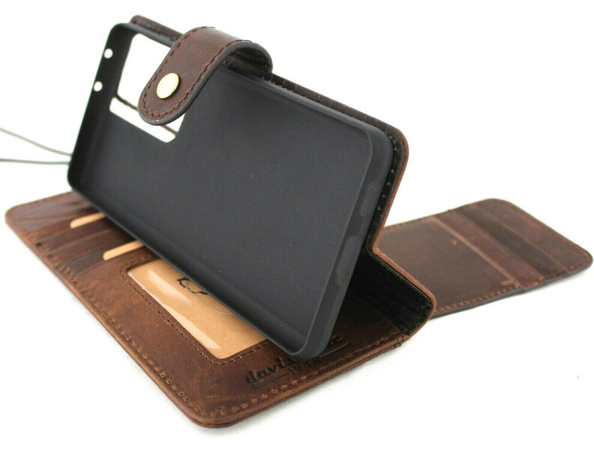 Dark brown genuine top grain leather case for Samsung Galaxy S21 Ultra 5G, handcrafted wallet-style cover with rubber holder.