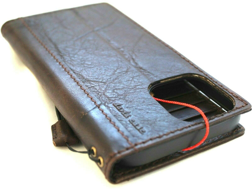 Vintage leather wallet phone case for iPhone 11-15 Pro Max, handcrafted with credit card slots and lion and tiger design by DAVISCASE.