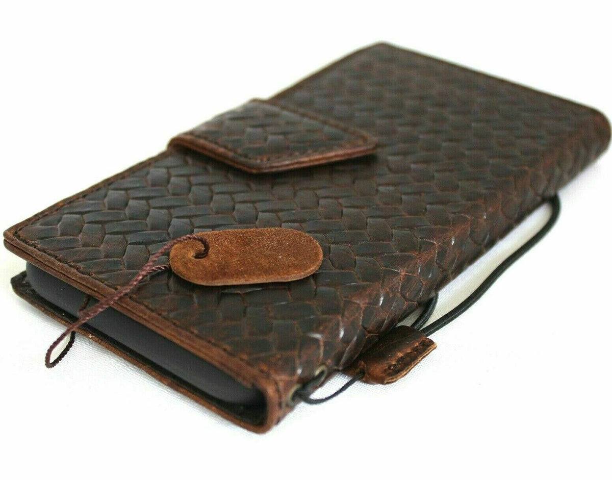 Genuine dark leather iPhone 12 Pro case by DAVISCASE with vintage braid design, ID window, credit card slots, and magnetic closure.