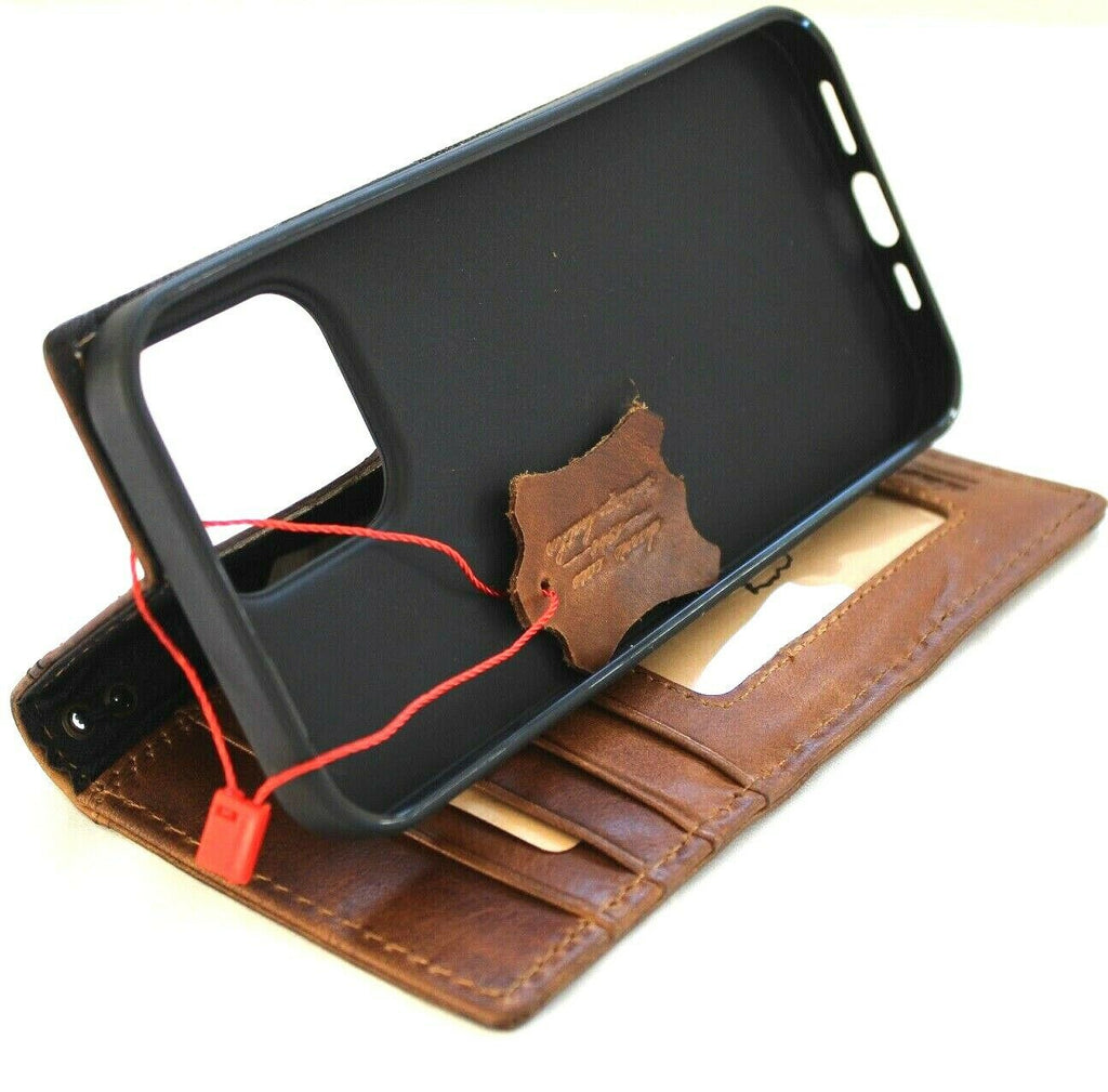 Handmade genuine leather wallet case for iPhone 11-15 Pro Max, DavisCase vintage lion design with credit card slots, full grain leather.