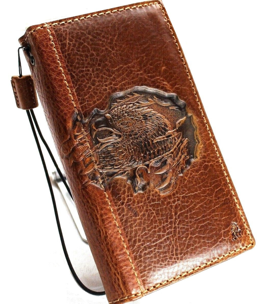Handmade genuine leather phone case by DAVISCASE for iPhone 11-15 Pro Max, vintage tan style with card slots and embossed art.