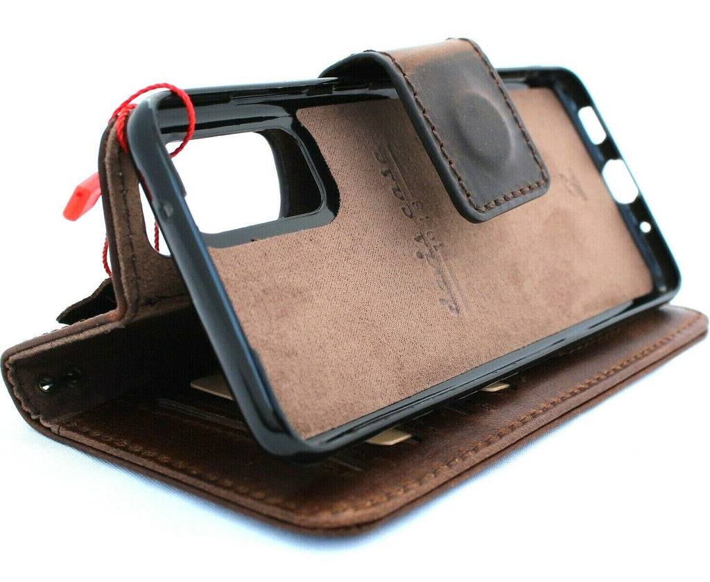 Genuine DavisCase full leather Galaxy S20 wallet case with removable slots, rubber holder, and wireless charging compatibility.
