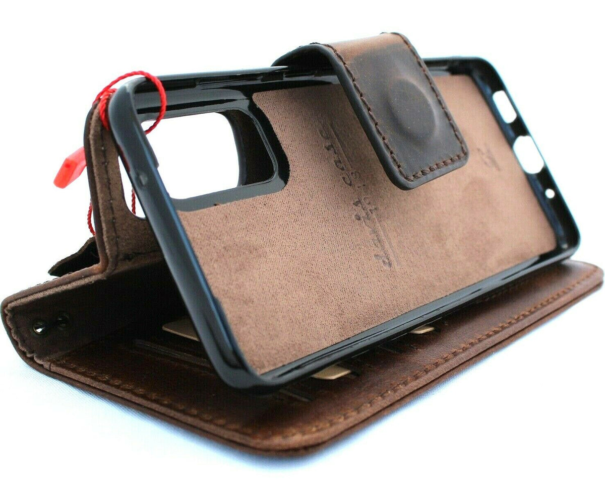 Genuine DavisCase full leather Galaxy S20 wallet case with removable slots, rubber holder, and wireless charging compatibility.