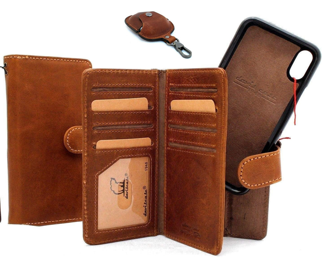 Genuine soft leather wallet case for Apple iPhone XR with magnetic closure, credit card holder, and removable AirPods 2 case by DAVISCASE