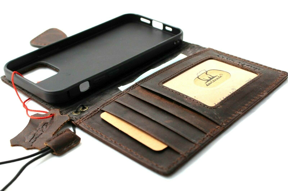 Dark leather wallet case for iPhone 12 by DAVISCASE with credit card slots, ID window, magnetic closure, full grain vintage style.