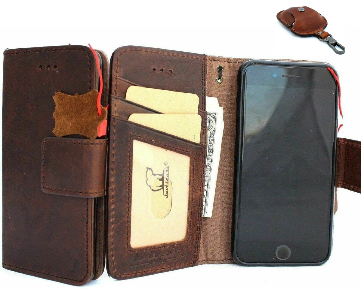 Genuine dark leather iPhone 8 case by DAVISCASE with card slots, magnetic cover, removable soft wallet, and AirPods 2 case attachment