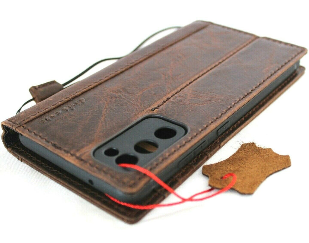 Dark leather Samsung Galaxy S20 FE case by DavisCase with card slots, wireless charging holder, slim soft rubber design, 5G compatible.