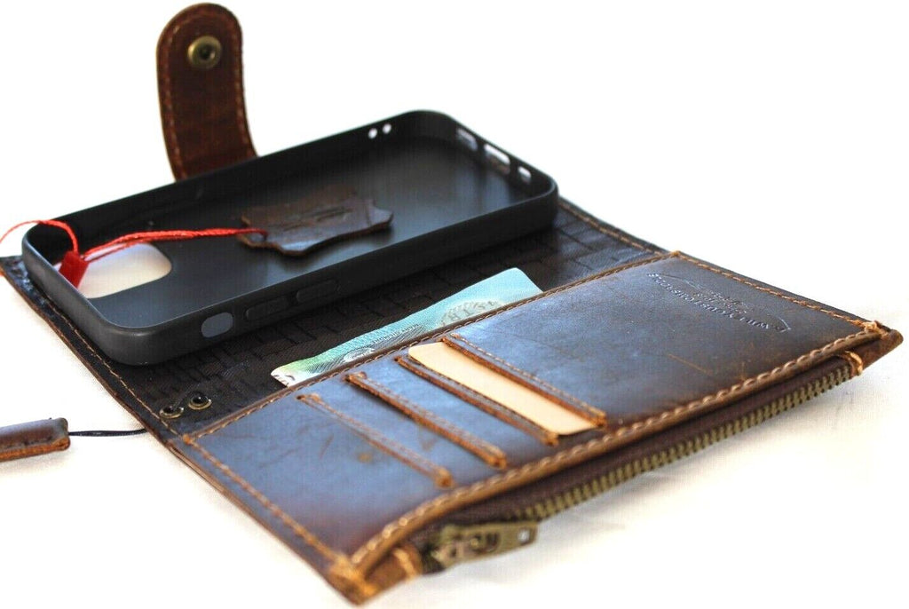 Vintage-style genuine leather wallet case for iPhone 11-15 Pro Max with ID window, credit card slots, zipper, handcrafted by DAVISCASE.