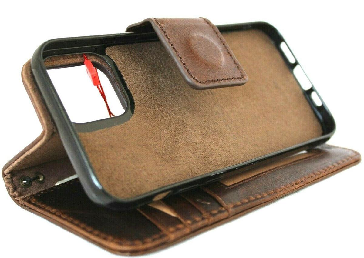 Genuine dark leather iPhone 12 Pro case by DAVISCASE with ID window, card slots, vintage style, magnetic closure, full grain soft cover.