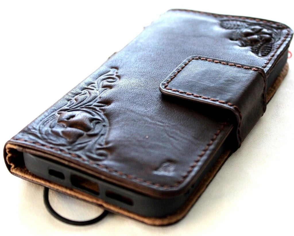 Handmade genuine leather phone case for iPhone 11 to 15 Pro Max by DAVISCASE, vintage style with ID window and credit card slots.