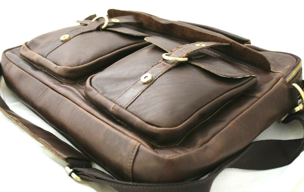 Genuine soft leather men's shoulder satchel bag by DAVISCASE, with handles, laptop compartment, and stylish design.