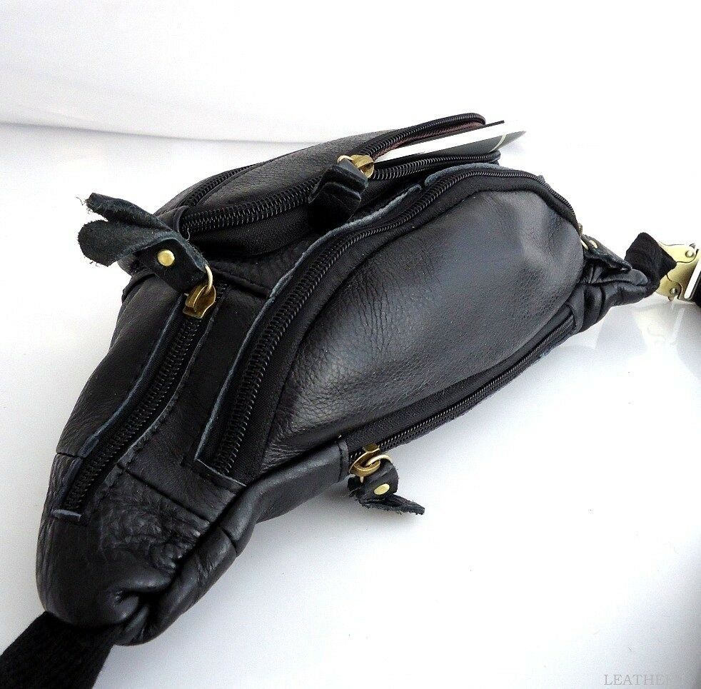 Black genuine vintage leather wallet bag, waist pouch, and sling backpack with coin pocket for men by DAVISCASE.