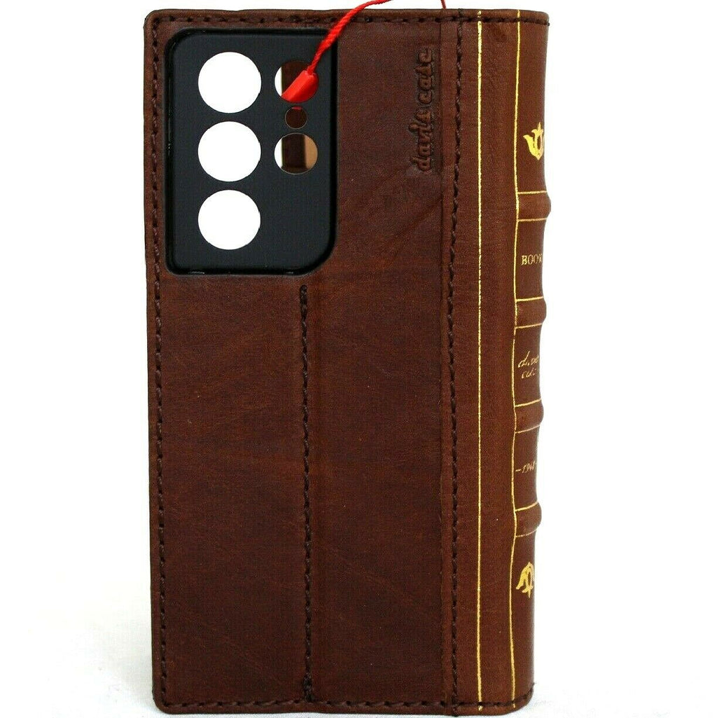 DavisCase genuine leather Galaxy S21 Ultra 5G book wallet case with card slots, wireless charging compatibility, and Bible-inspired design.