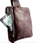 Brown genuine leather men's messenger bag by DAVISCASE for iPad, notebooks, and crossbody use, ideal for students and professionals.