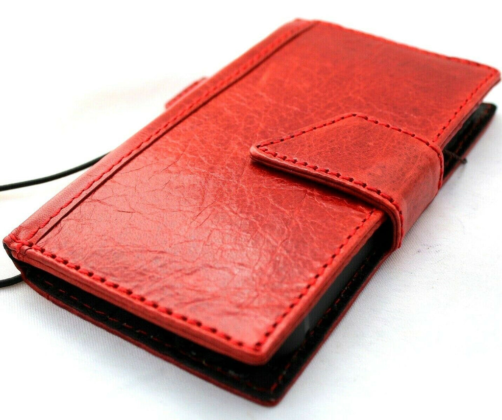 Genuine red leather iPhone 12 Mini wallet case with magnetic closure, soft slim cover, handmade by DAVISCASE