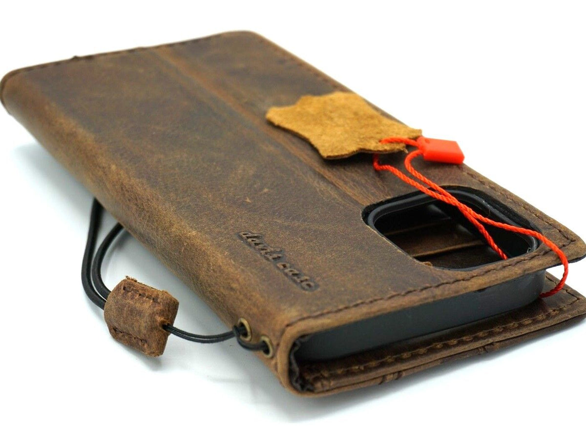 Handcrafted genuine leather wallet case for Apple iPhone 11-15 Pro Max, with vintage style, credit card slots, and full grain leather.