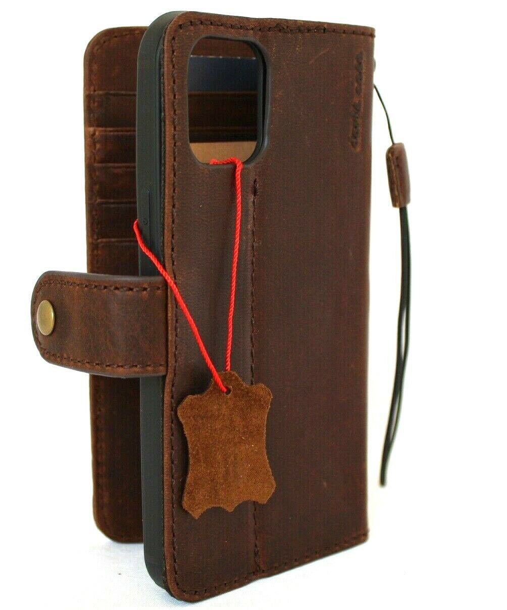 Handmade genuine leather phone wallet case for iPhone 12-17 Pro Max and Air 8 Plus, vintage style with ID window by DAVISCASE.