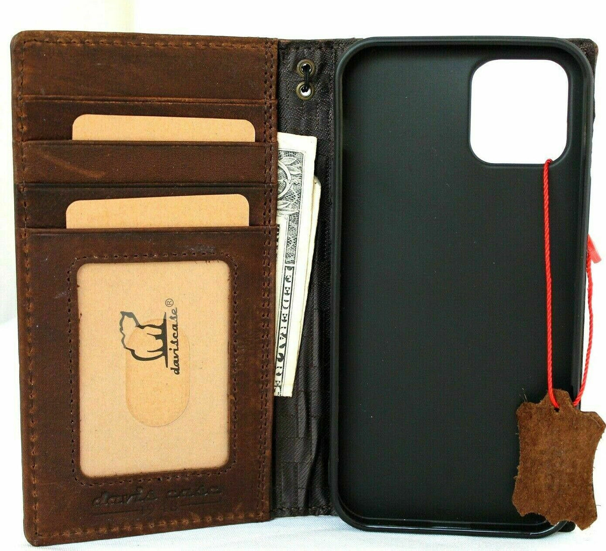 Genuine dark leather iPhone 12 Pro wallet case with ID window, credit card slots, vintage soft cover by DAVISCASE.