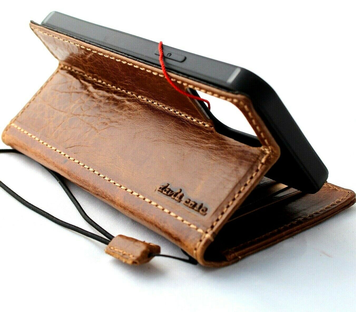 Handmade genuine leather wallet case for iPhone 16-8 Plus by DAVISCASE, vintage tan full grain leather with credit card slots.