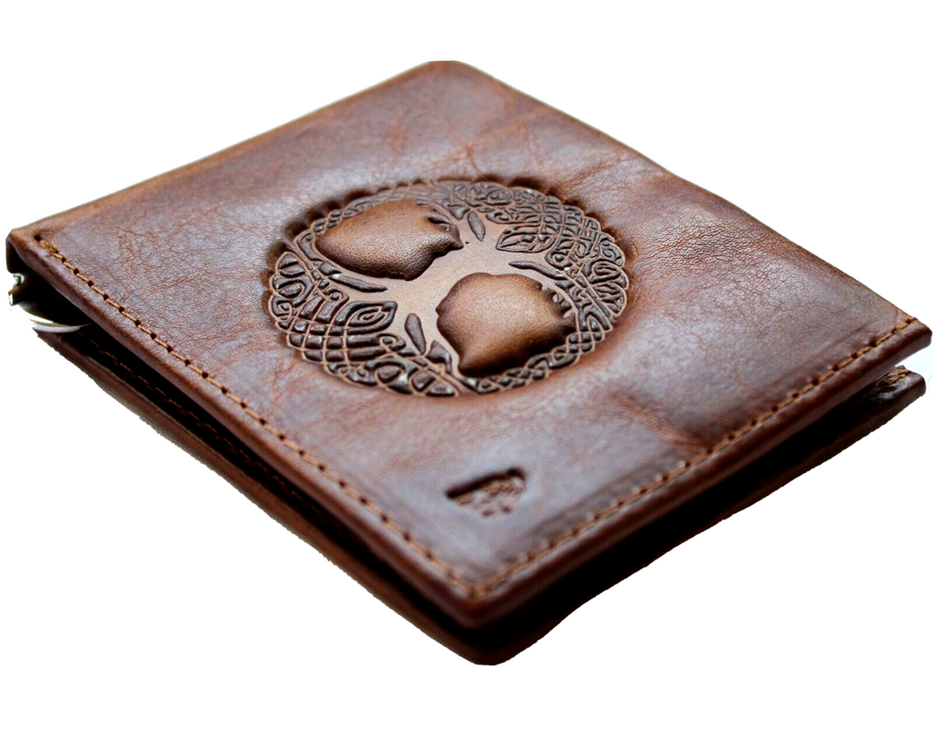 Men's genuine leather wallet with credit card slots and bill compartment, featuring a handmade tan design with Tree of Life motif by DAVISCASE.