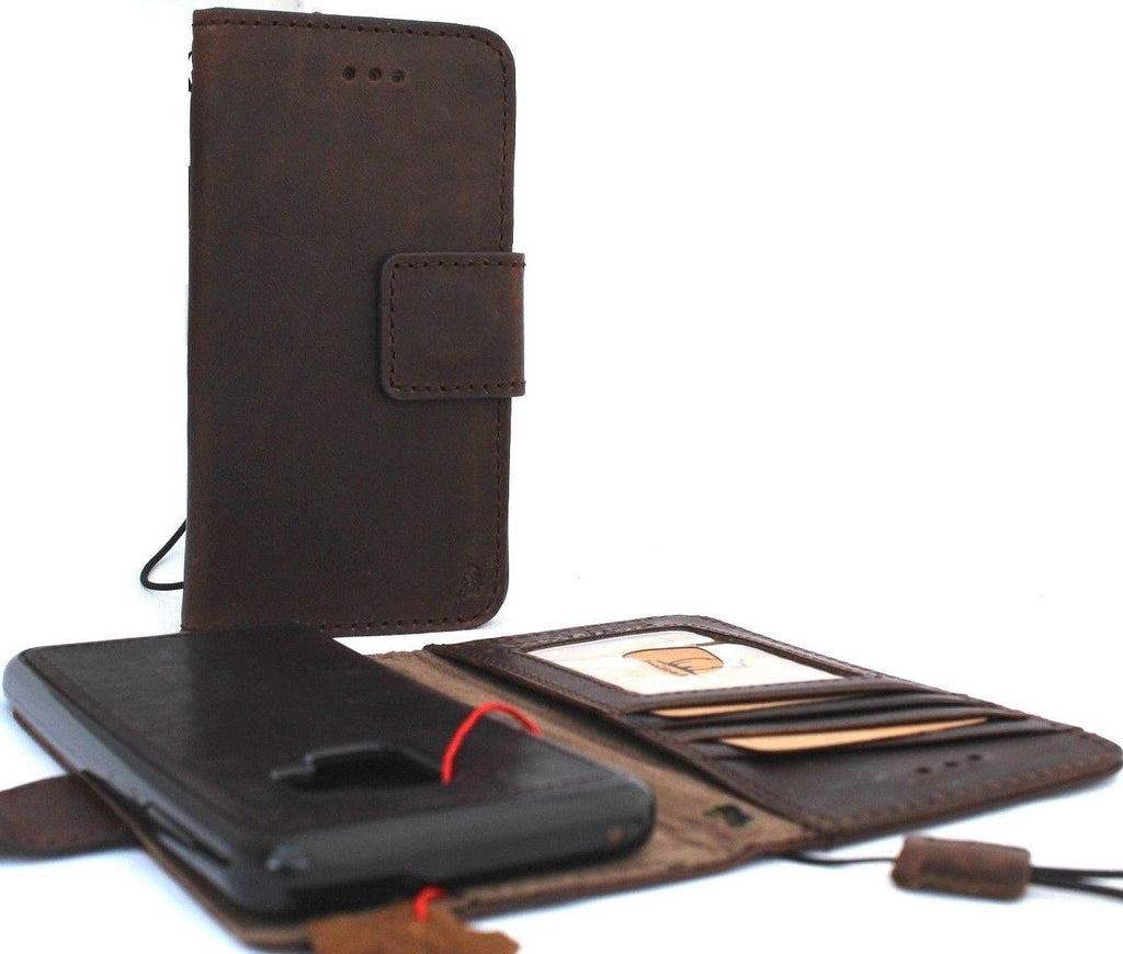 Genuine leather Samsung Galaxy S9 wallet case by DAVISCASE with card slots, removable window, vintage slim design.