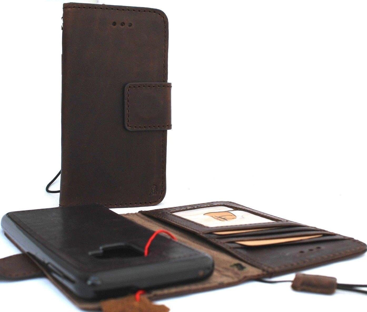 Genuine leather Samsung Galaxy S9 wallet case by DAVISCASE with card slots, removable window, vintage slim design.