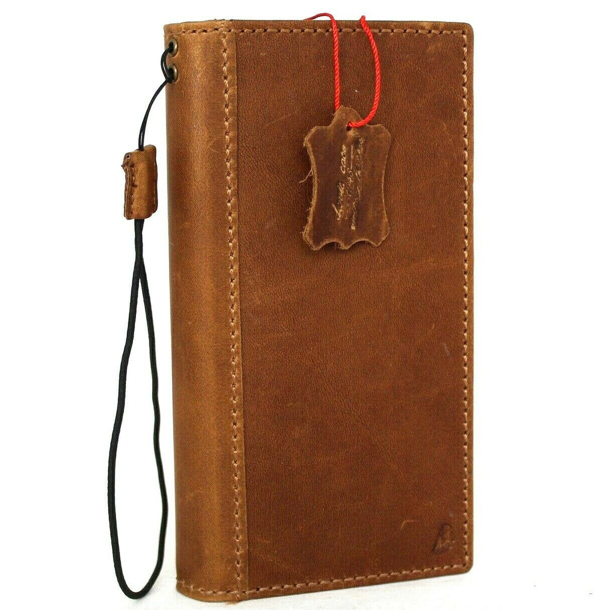 Genuine leather Samsung Galaxy S22 Plus 5G wallet case by DAVISCASE with card slots, wireless charging holder, and ID window in tan.