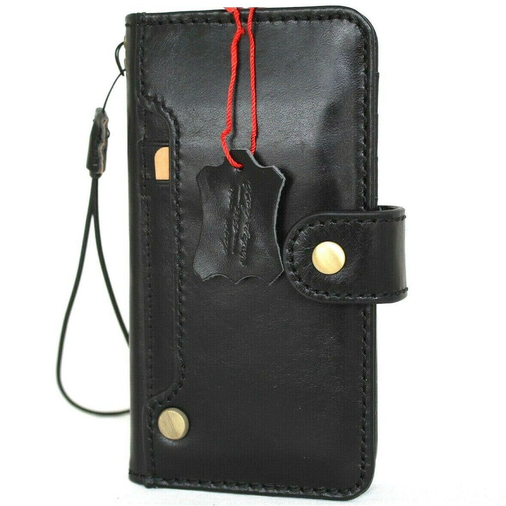 Handmade black leather iPhone 12 case with wallet style, ID window, credit card slots, full grain vintage leather by DAVISCASE