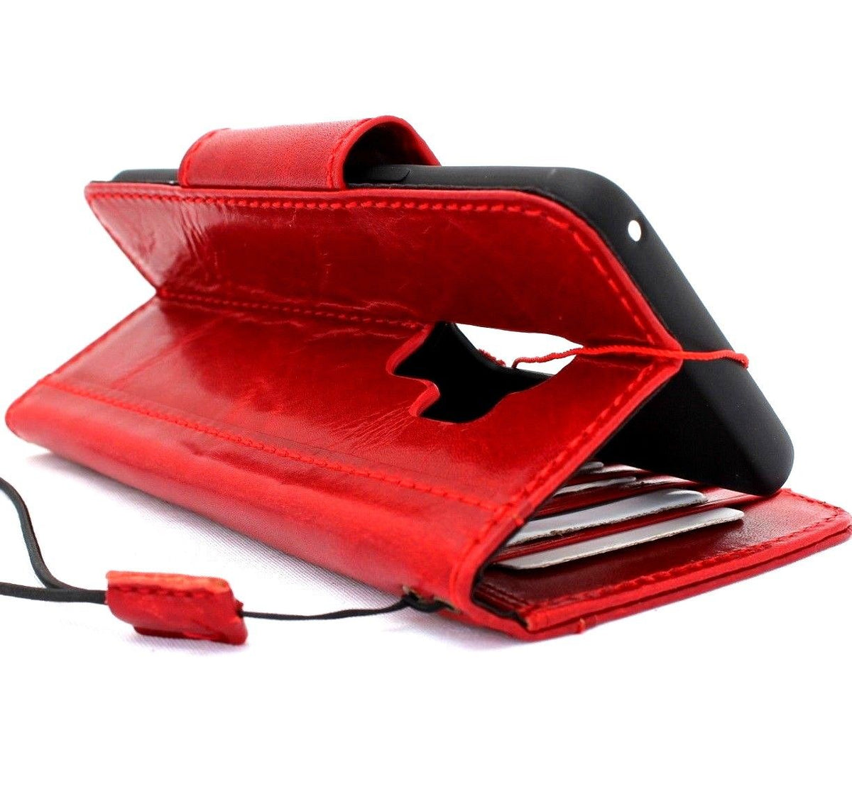 Handmade red wine leather phone case for Samsung Galaxy S9 Plus with card slots, wallet-style cover, by vendor-unknown.