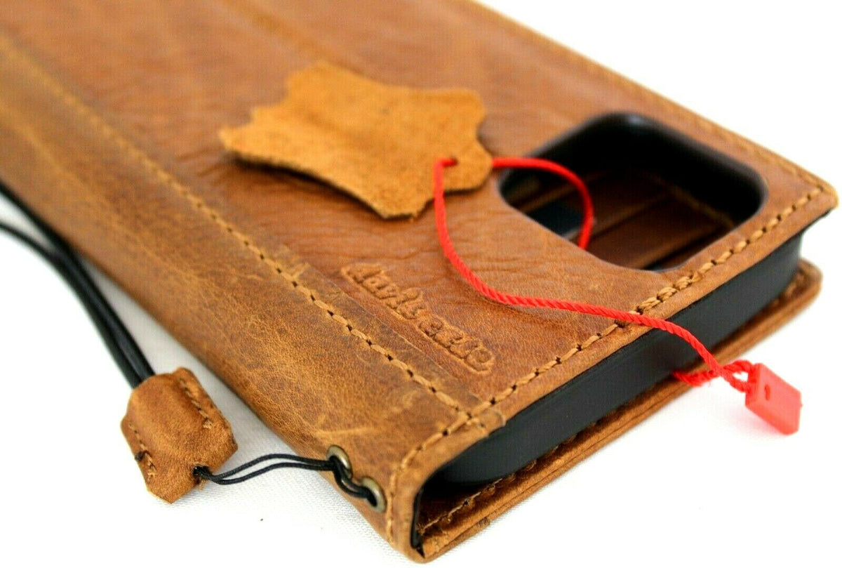 Genuine tan leather iPhone 12 Mini case by DAVISCASE, vintage book wallet design with ID window and credit card slots.