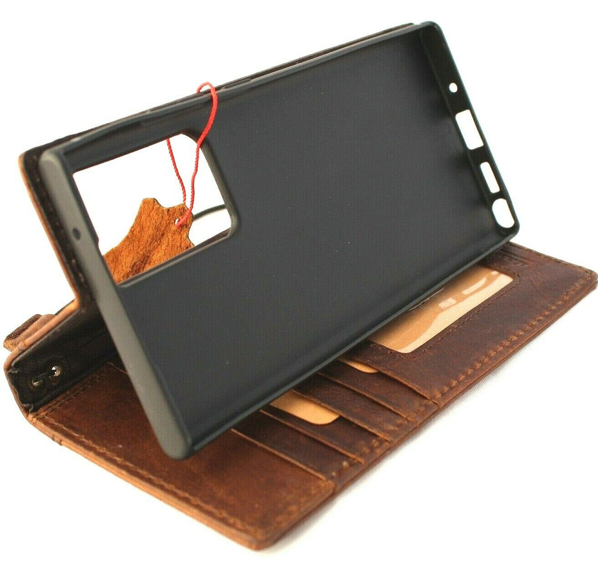 Vintage leather Galaxy S21 Ultra 5G case by DAVISCASE with wallet design, card slots, ID window, and rubber stand for hands-free use.