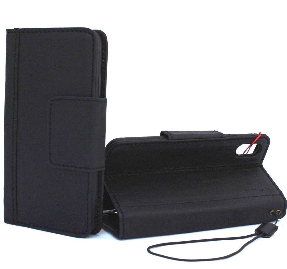 Black genuine leather iPhone XS Max wallet case with magnet closure, card slots, slim vintage design from Jafo 48 Studio.