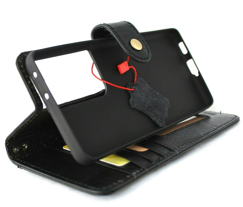 Handmade black leather Samsung Galaxy S21 Ultra 5G case with wallet, credit card slots, rubber holder, and precise cutouts by DAVISCASE.