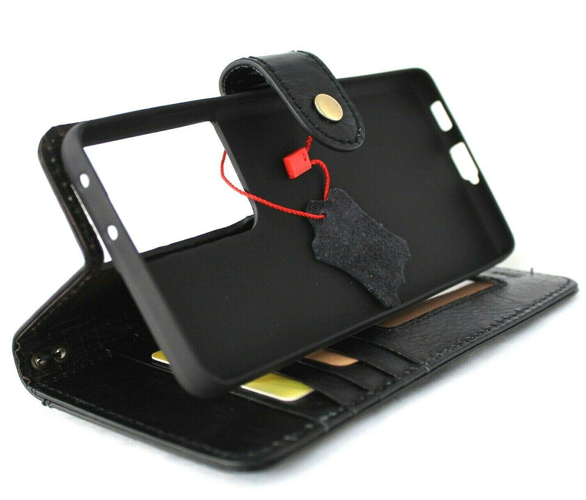 Handmade black leather Samsung Galaxy S21 Ultra 5G case with wallet, credit card slots, rubber holder, and precise cutouts by DAVISCASE.