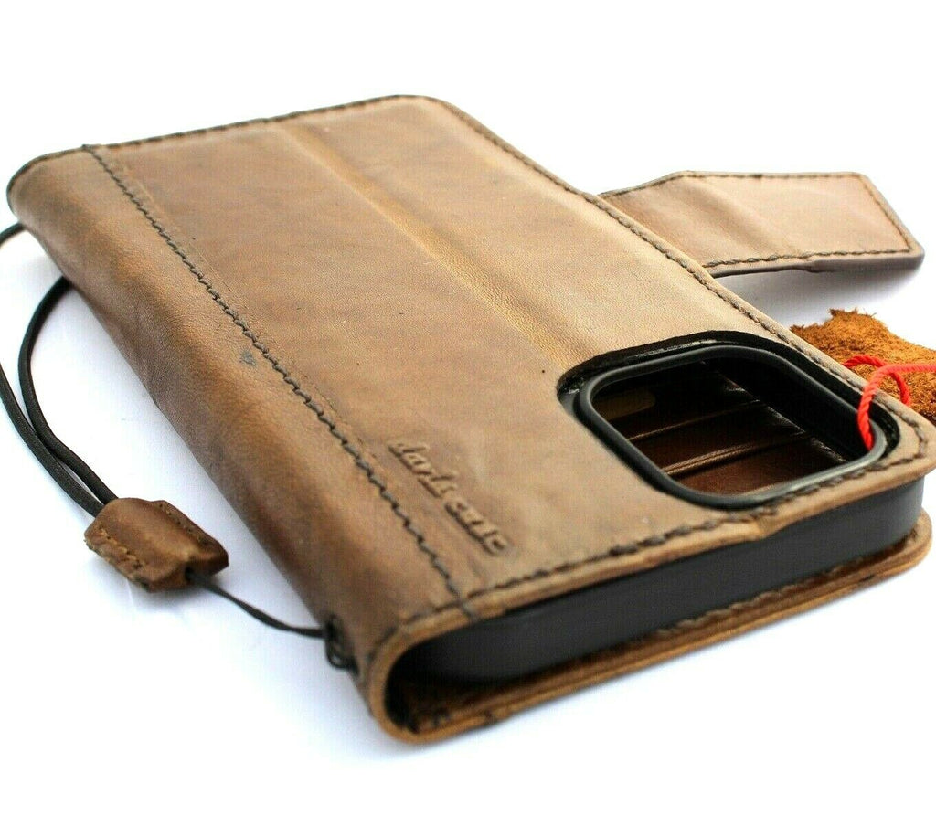 Handmade leather phone case for iPhone 15, 14 Pro Max, or XS with vintage style, credit card slots, and magnetic closure by DAVISCASE.