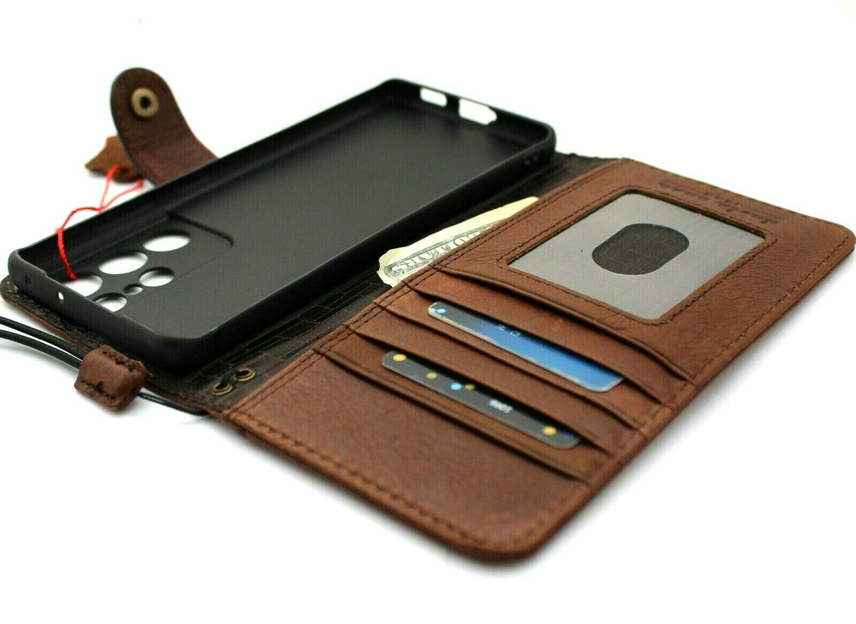 Handcrafted genuine leather wallet phone case for Samsung Galaxy S21 Ultra 5G with rubber holder and wireless charging compatibility.