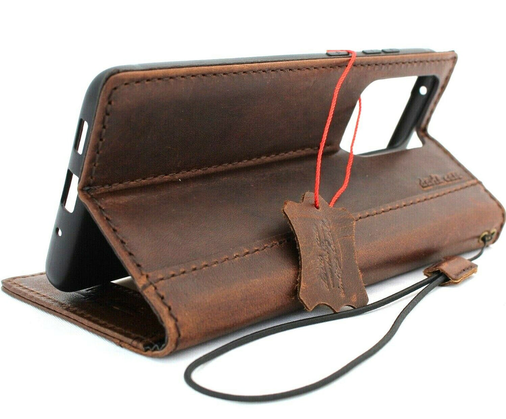 Samsung Galaxy S20 Ultra 5G leather wallet case by DavisCase with card slots, wireless charging window, and rubber stand.