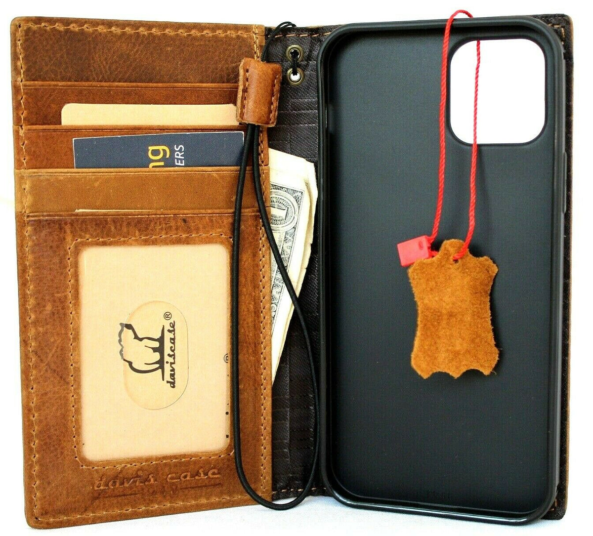 Genuine tan leather iPhone 12 case by DAVISCASE with credit card slots, ID window, soft full grain handmade wallet cover