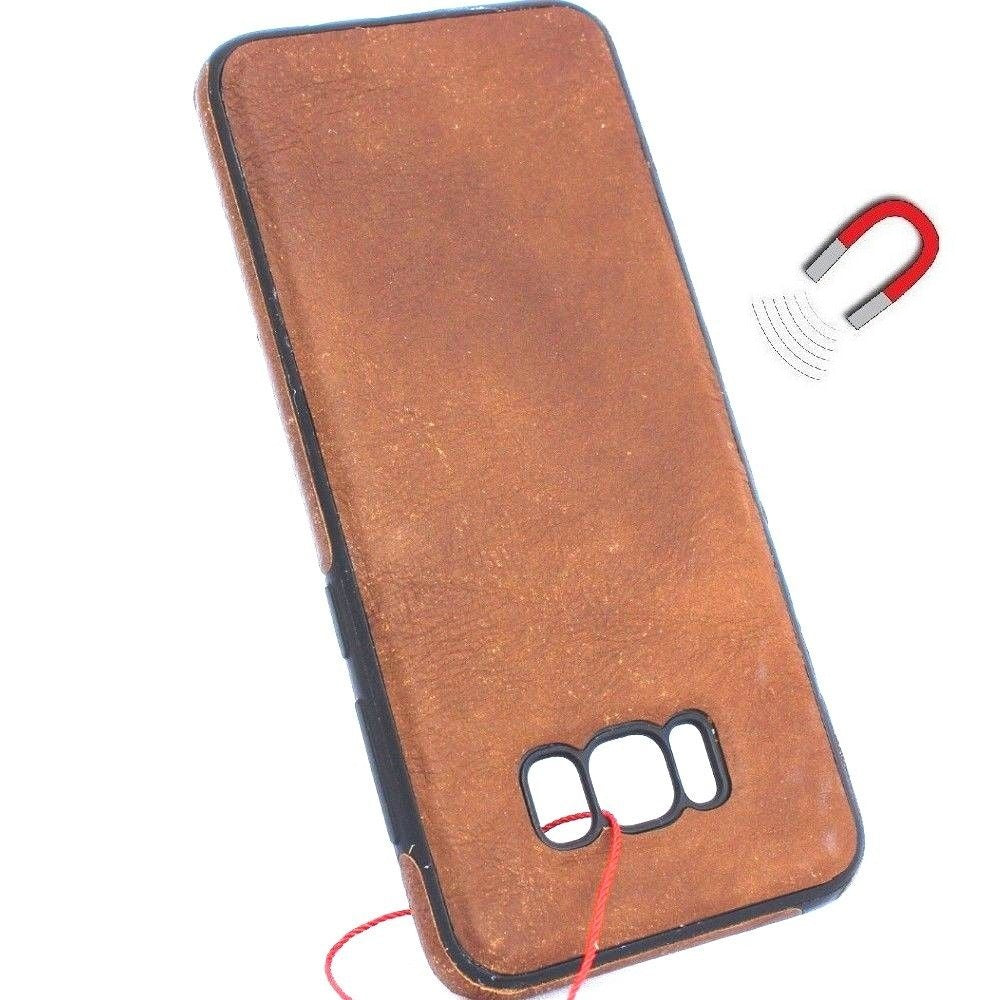 Handmade genuine leather wallet phone case for Samsung Galaxy S8 Plus, slim magnetic holder with business-style design.