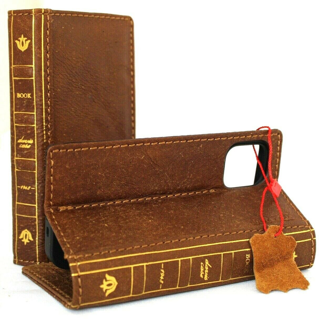 Genuine tan leather iPhone 12 Mini case by DAVISCASE with vintage book wallet design, slim soft cover, and card slots.