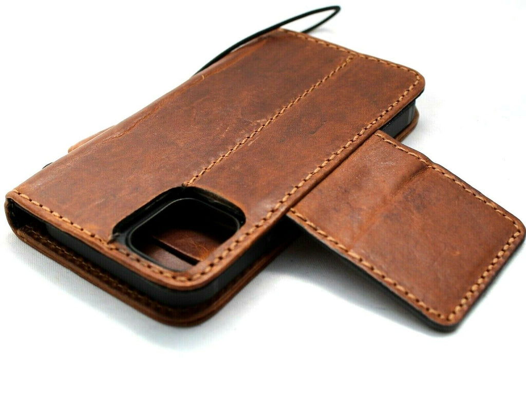 Genuine full tan leather Apple iPhone 12 mini case by DAVISCASE, vintage-style wallet with credit card slots and magnetic closure.