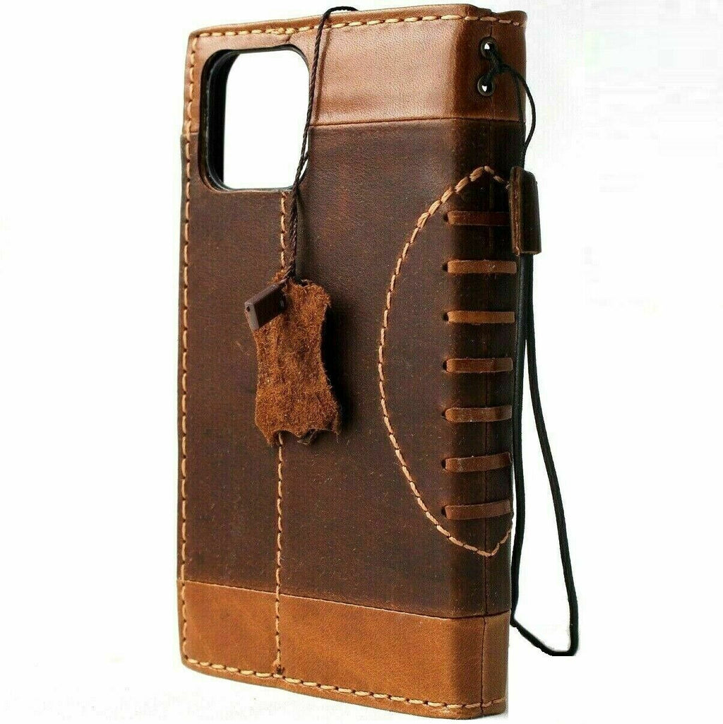 Handmade genuine leather wallet case for Apple iPhone 11 Pro Max by DAVISCASE, featuring card slots and wireless charging compatibility.