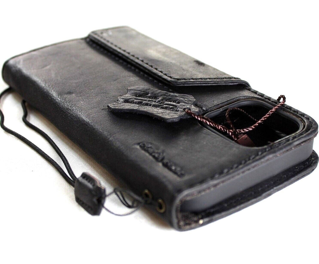 Handmade genuine leather phone case for iPhone 11-15 Pro Max, vintage-style with ID window and credit card slots by DAVISCASE.