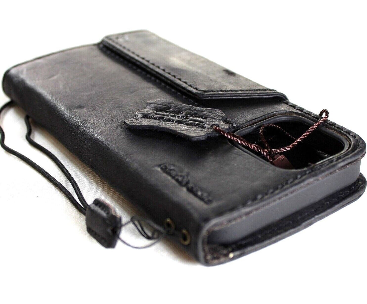 Handmade genuine leather phone case for iPhone 11-15 Pro Max, vintage-style with ID window and credit card slots by DAVISCASE.