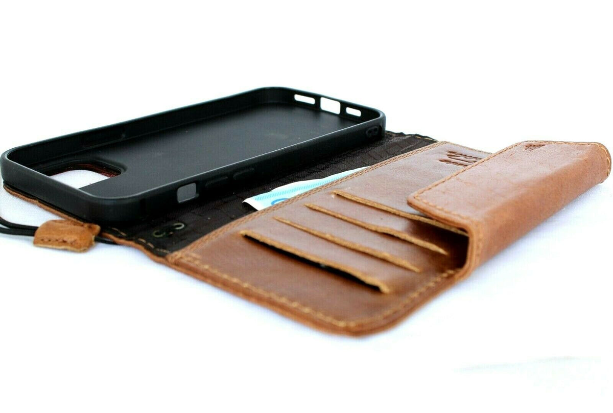 Genuine tan leather wallet case for Apple iPhone 12 Pro Max, handmade by DAVISCASE with credit card slots and soft cover design.