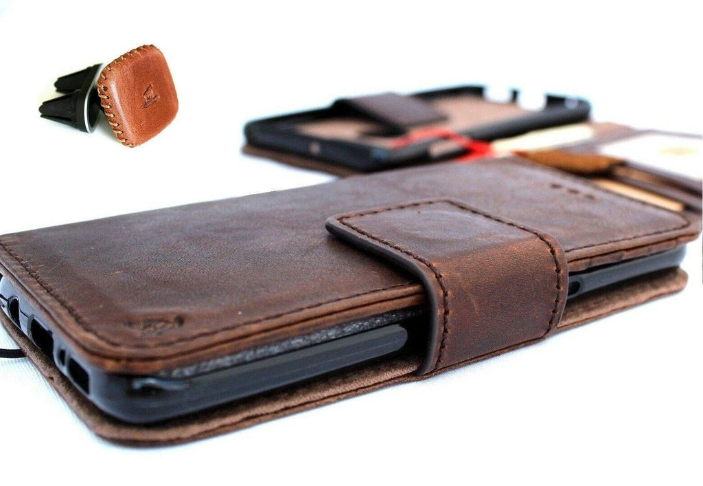 Genuine dark soft leather iPhone SE 2 case with wallet card slots, magnetic closure, and magnetic car holder attachment.